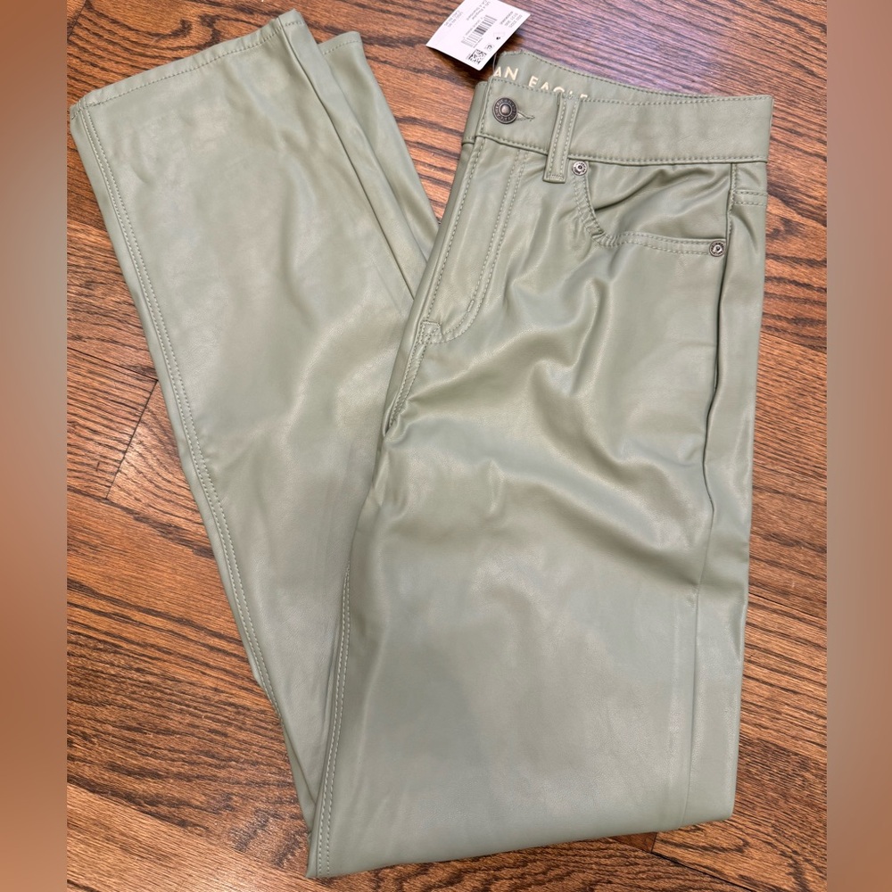 AE Stretch Vegan Leather Super High-Waisted Straight Pant, olive, size 2, NWT